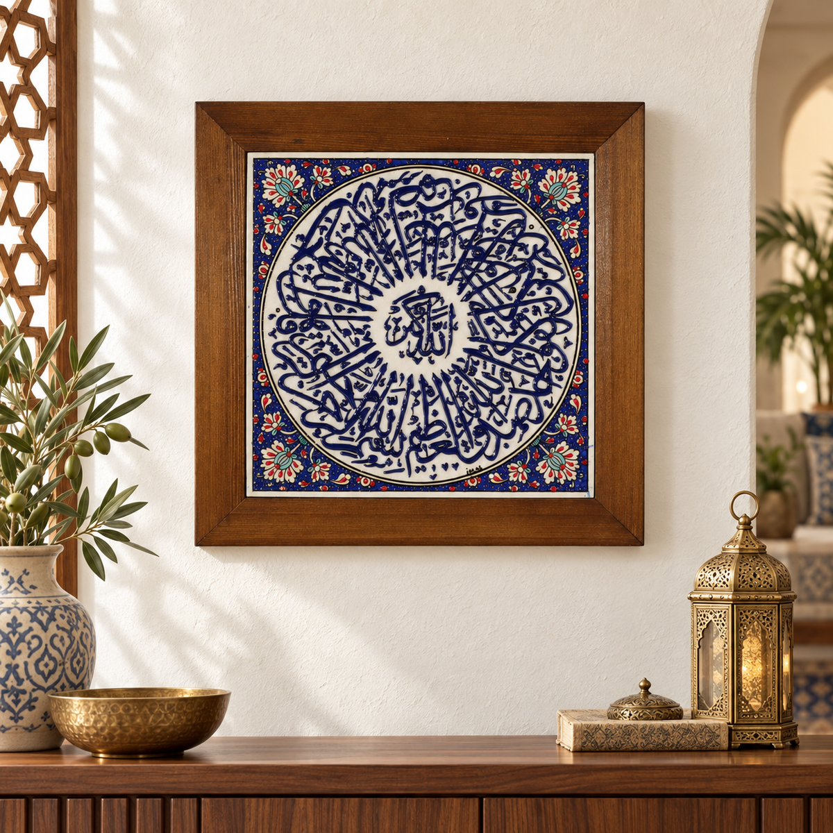 Arabic Calligraphy Framed Ceramic Tile Blue Floral