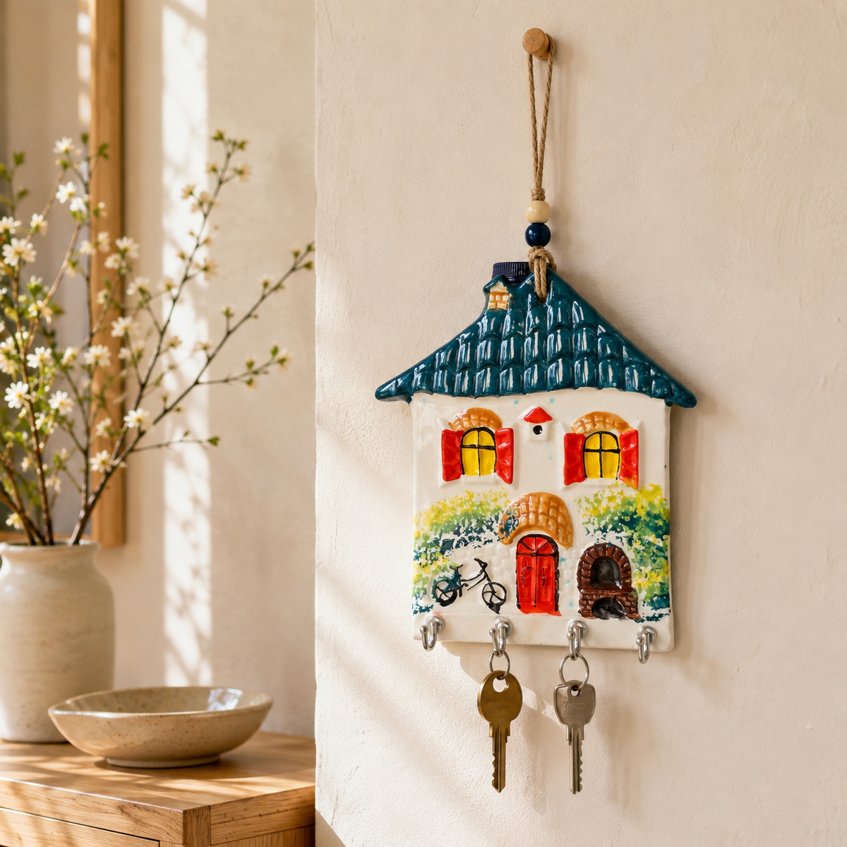 Teal roof handmade ceramic house key holder with 4 hooks in a bright spring entryway