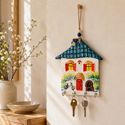 Teal roof handmade ceramic house key holder with 4 hooks in a bright spring entryway