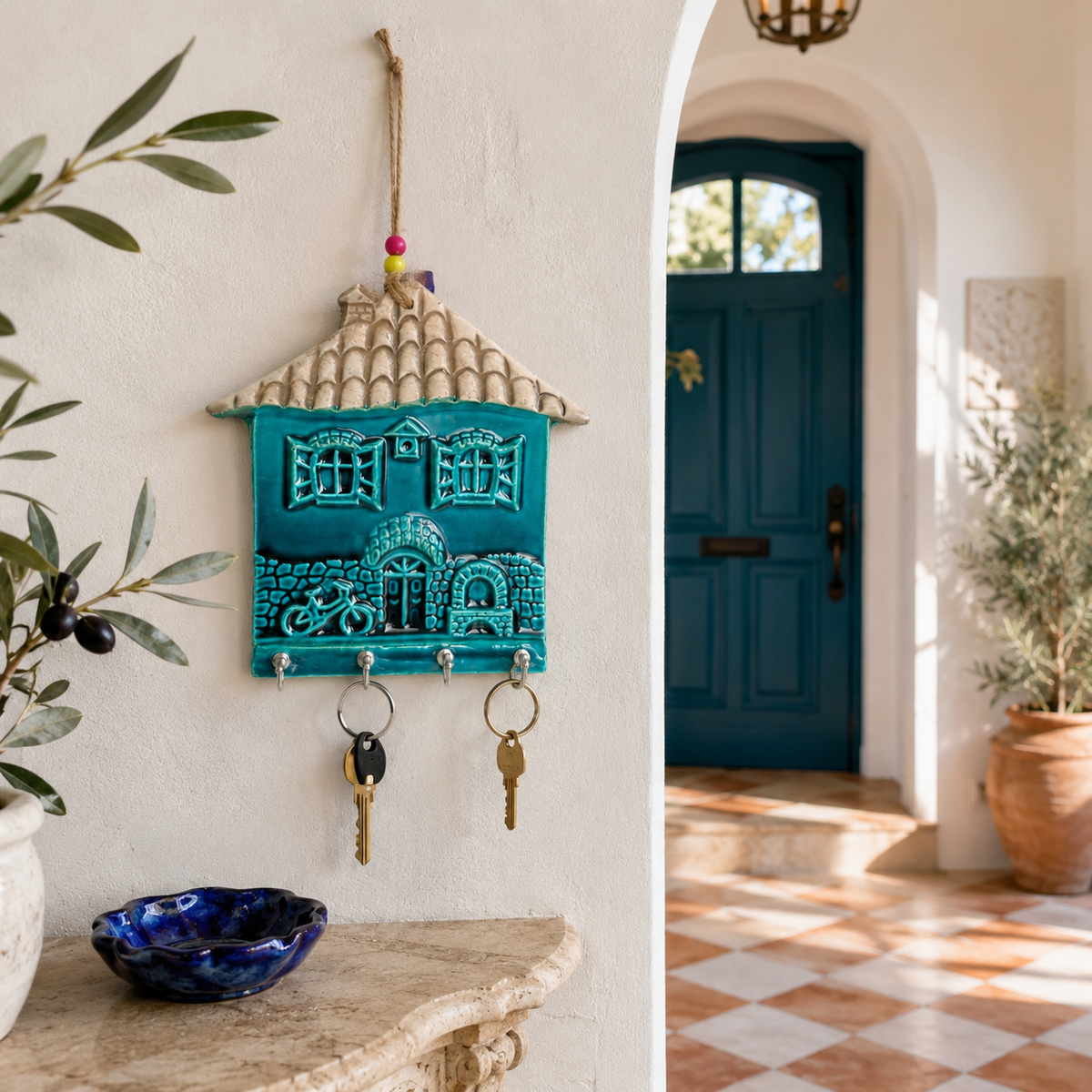 Turquoise handmade ceramic house key holder with tile roof hanging in a Mediterranean entryway