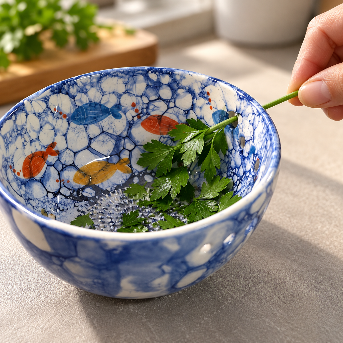 Herb Stripper Bowl & Garlic Grater Ceramic Ginder Bowl for Herbs, Ginger & Parmesan Kitchen Essential