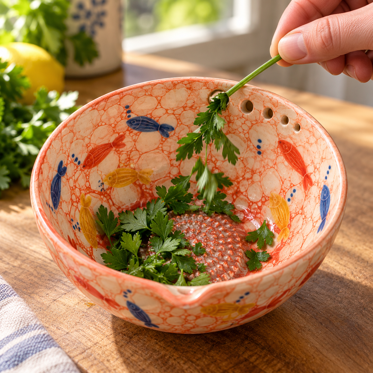 Herb Stripper Bowl & Garlic Grater Ceramic Ginder Bowl for Herbs, Ginger & Parmesan Kitchen Essential