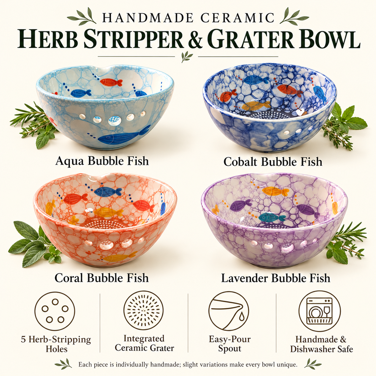 Herb Stripper Bowl & Garlic Grater Ceramic Ginder Bowl for Herbs, Ginger & Parmesan Kitchen Essential