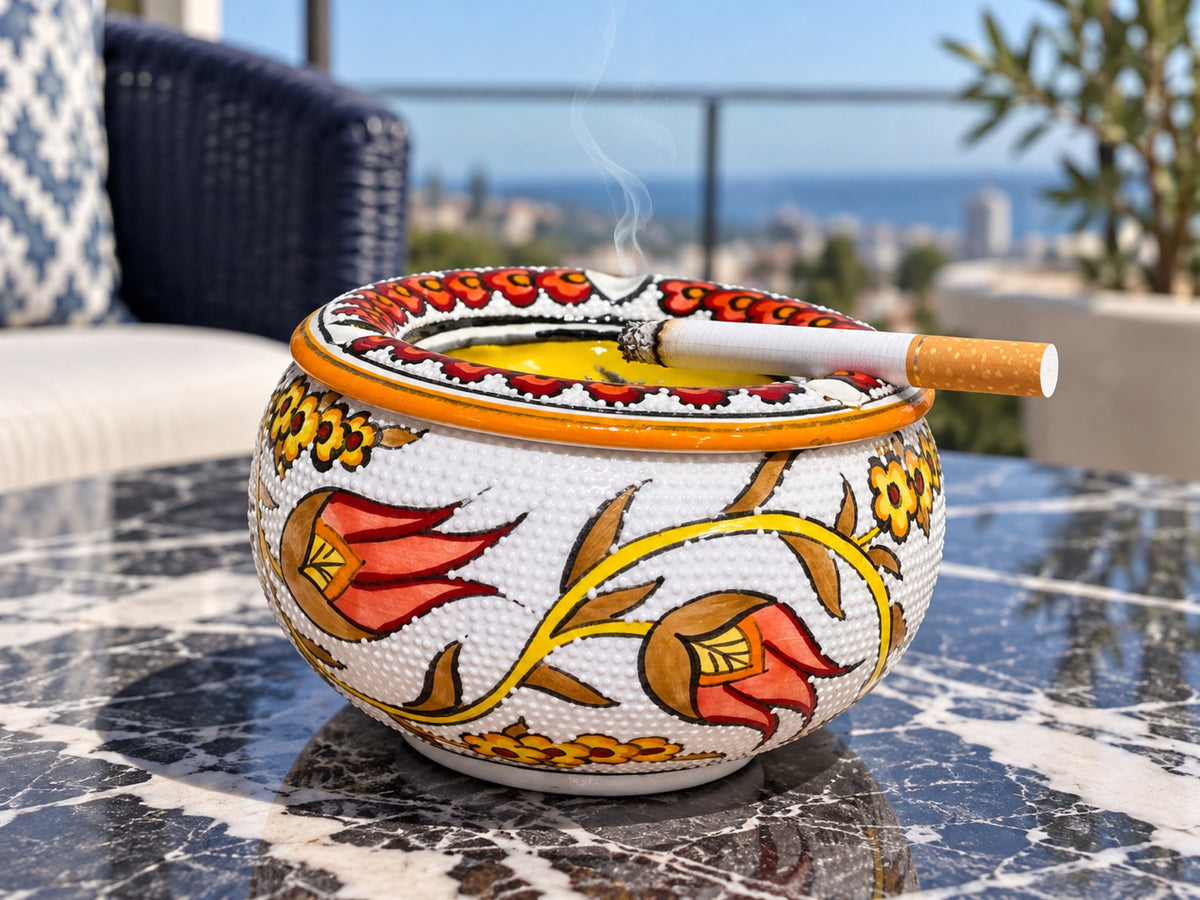 Handmade Ceramic Ashtray with Lid, 5 Inch Hand Painted Floral Outdoor Ashtray