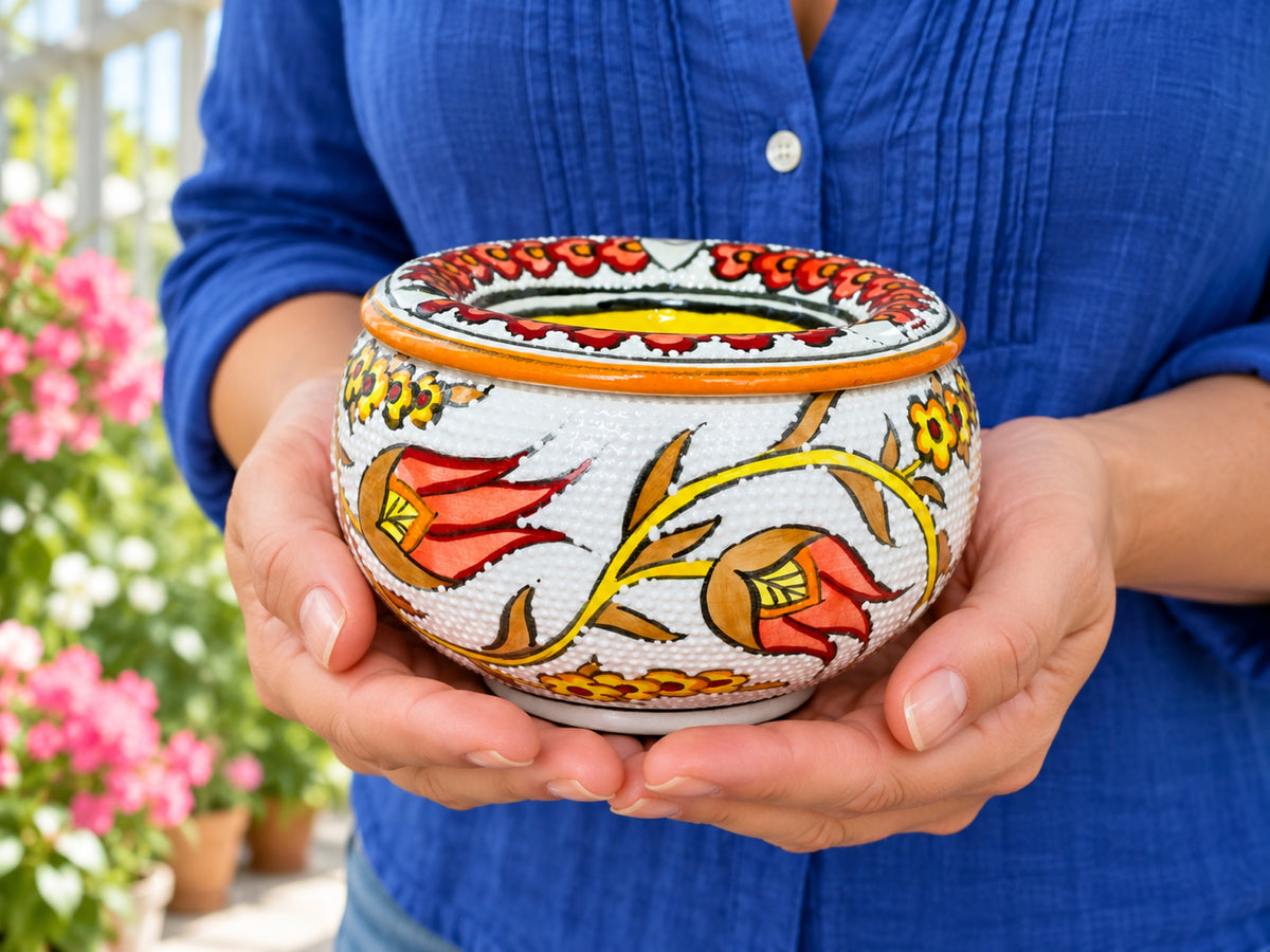Handmade Ceramic Ashtray with Lid, 5 Inch Hand Painted Floral Outdoor Ashtray