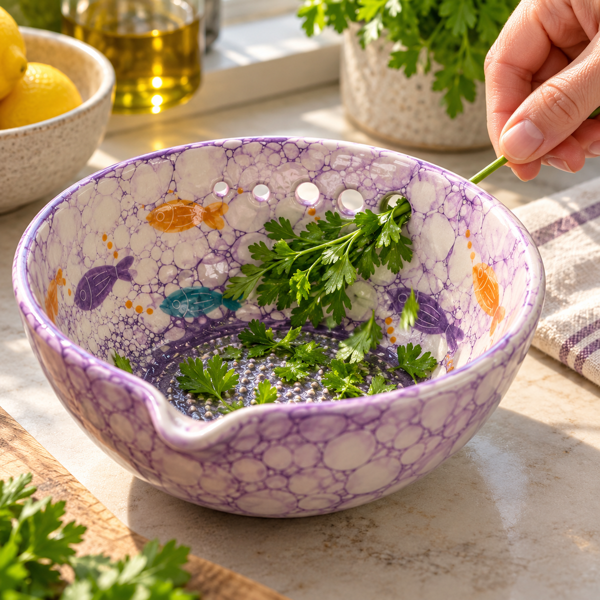 Herb Stripper Bowl & Garlic Grater Ceramic Ginder Bowl for Herbs, Ginger & Parmesan Kitchen Essential