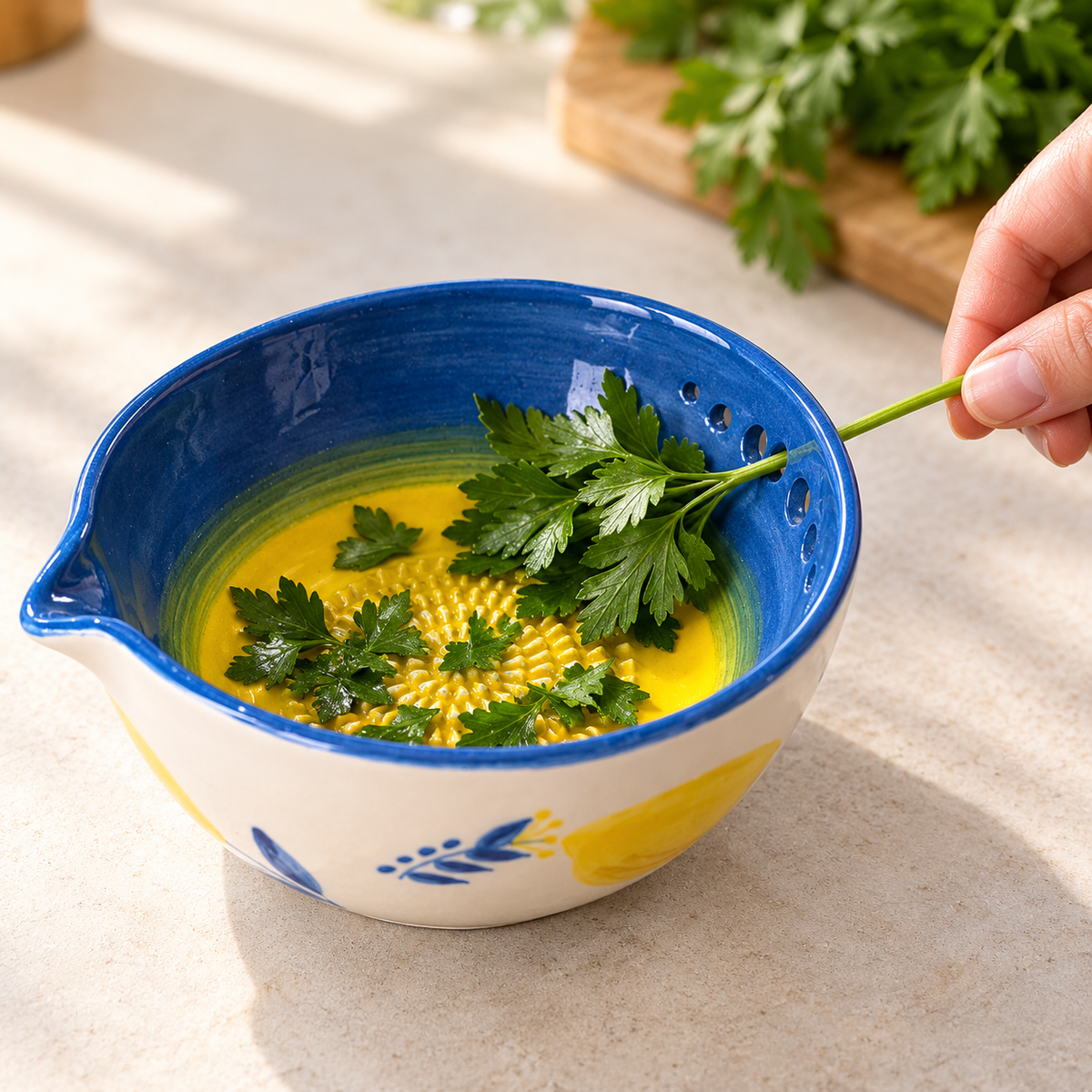 Lemon Herb Stripper Bowl & Garlic Grater Ceramic Ginder Bowl Ginger & Parmesan Kitchen Essential