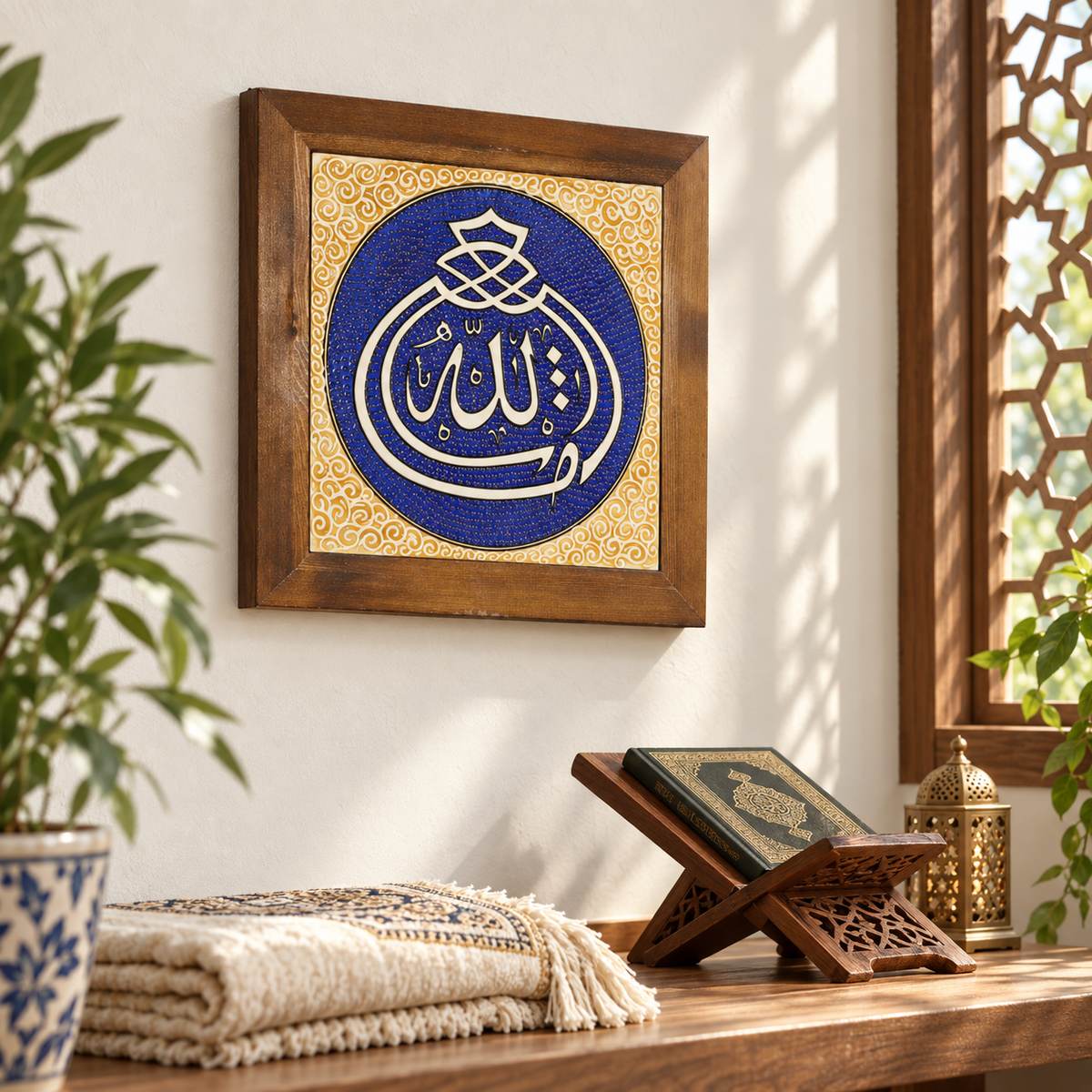 Allah Ceramic Tile Wall Art Cobalt & Gold Tone Border