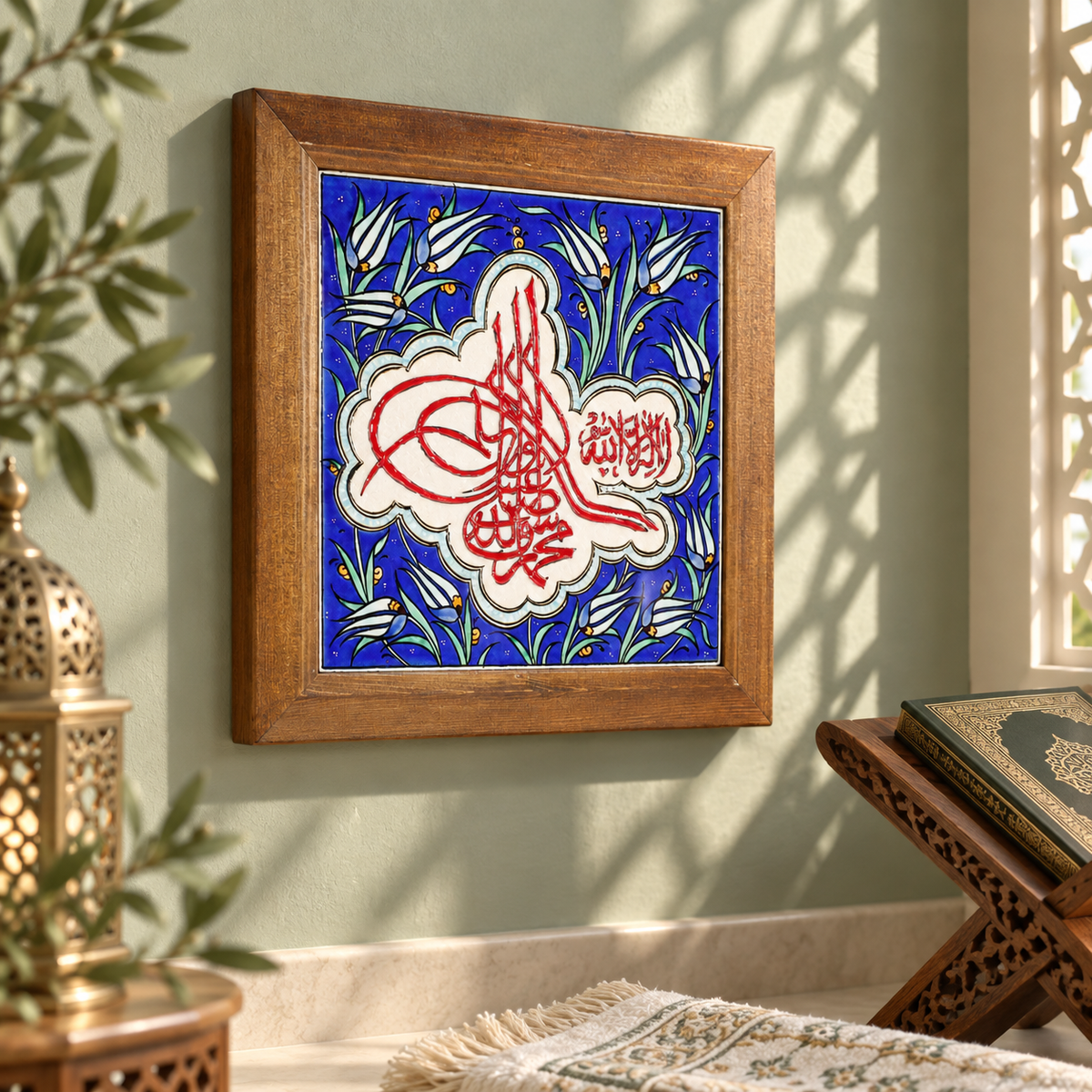 Kalima Tawhid Framed Ceramic Tile White Tulip Design