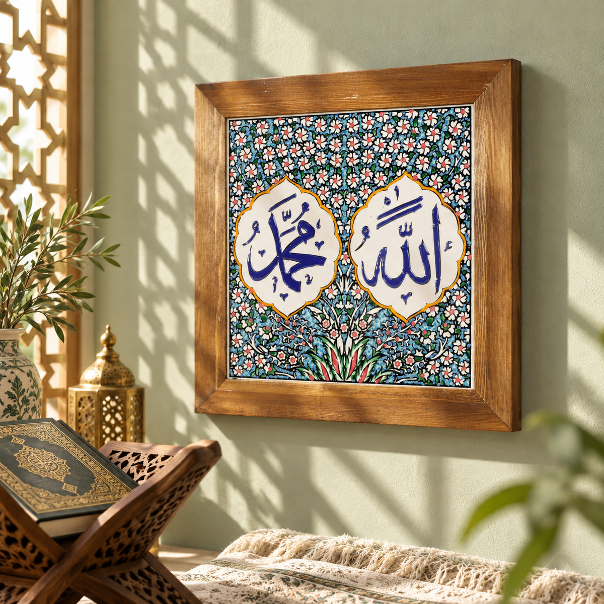 Allah & Muhammad Ceramic Wall Art Blue Floral
