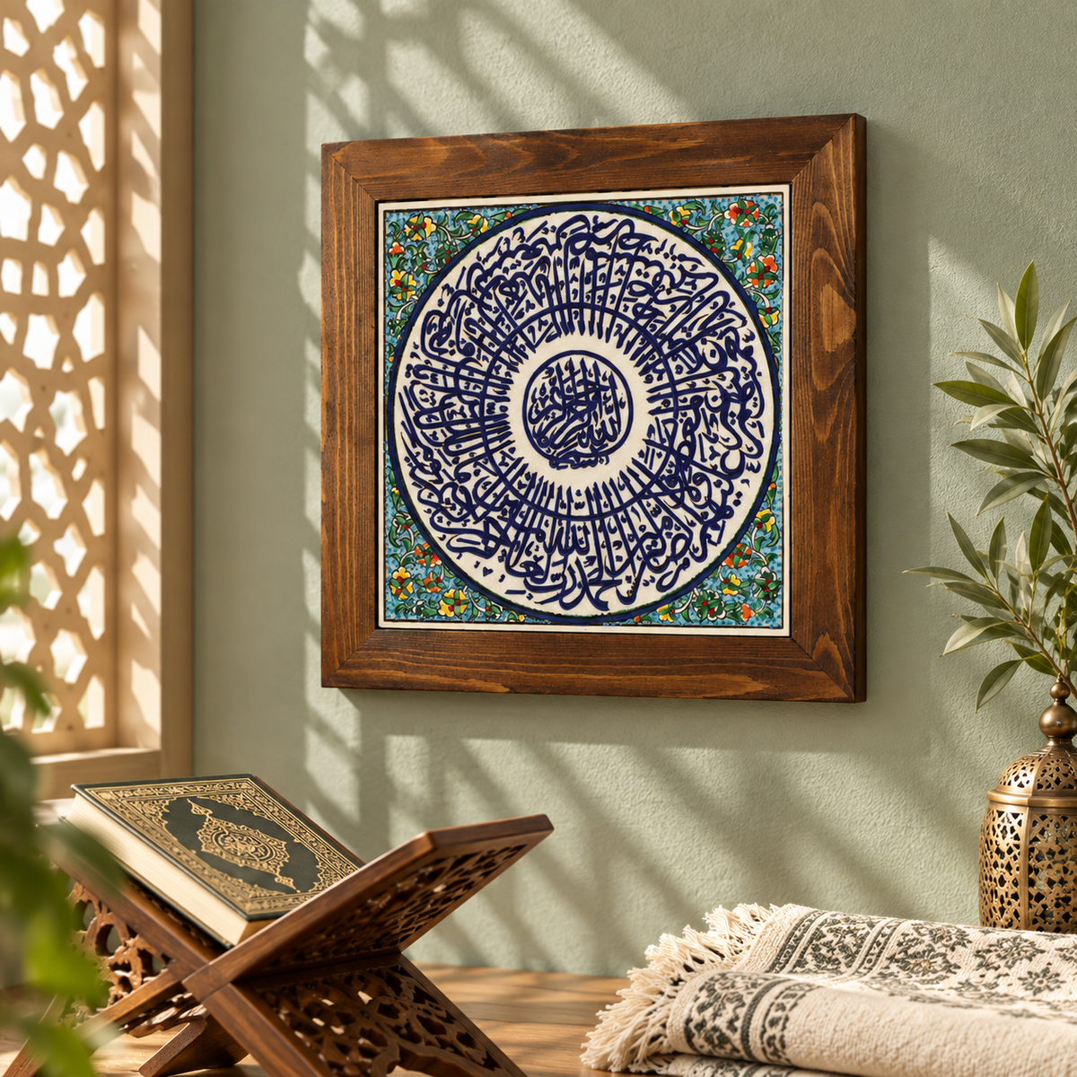 Surah Al-Fatiha Framed Ceramic Tile – Turquoise Floral