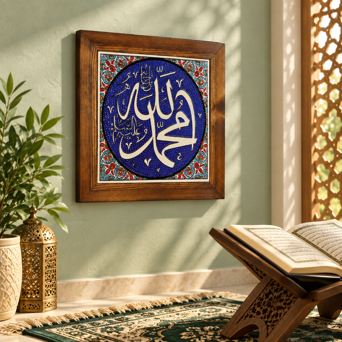 Muhammad Framed Ceramic Tile Cobalt Floral Design