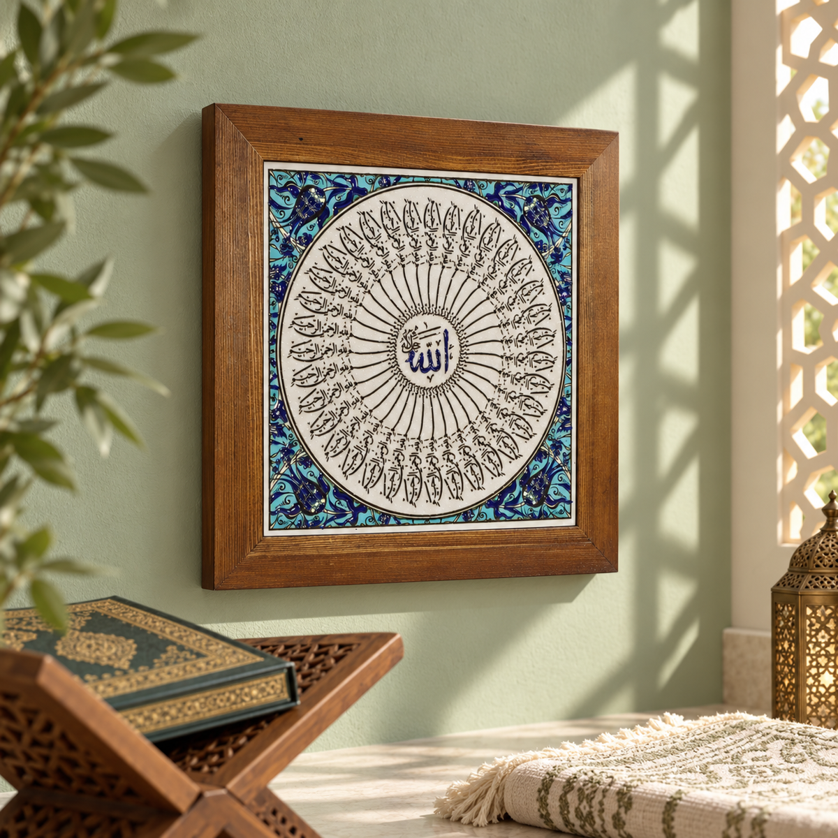 Allah Calligraphy Framed Ceramic Tile Turquoise Border