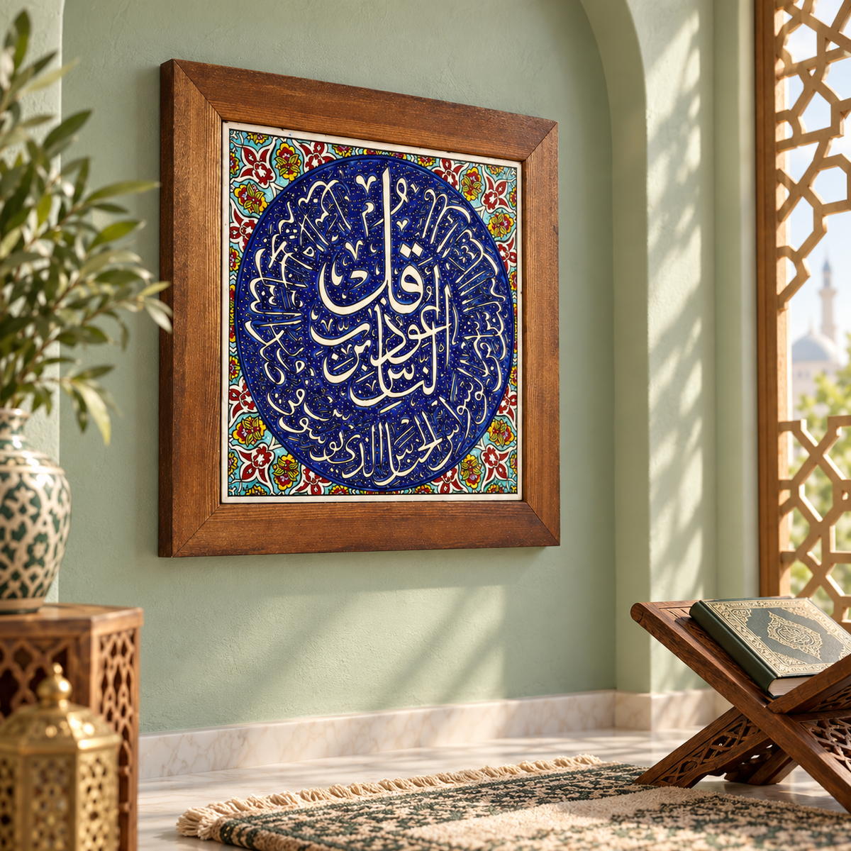 Surah An-Nas Framed Ceramic Tile Cobalt Medallion