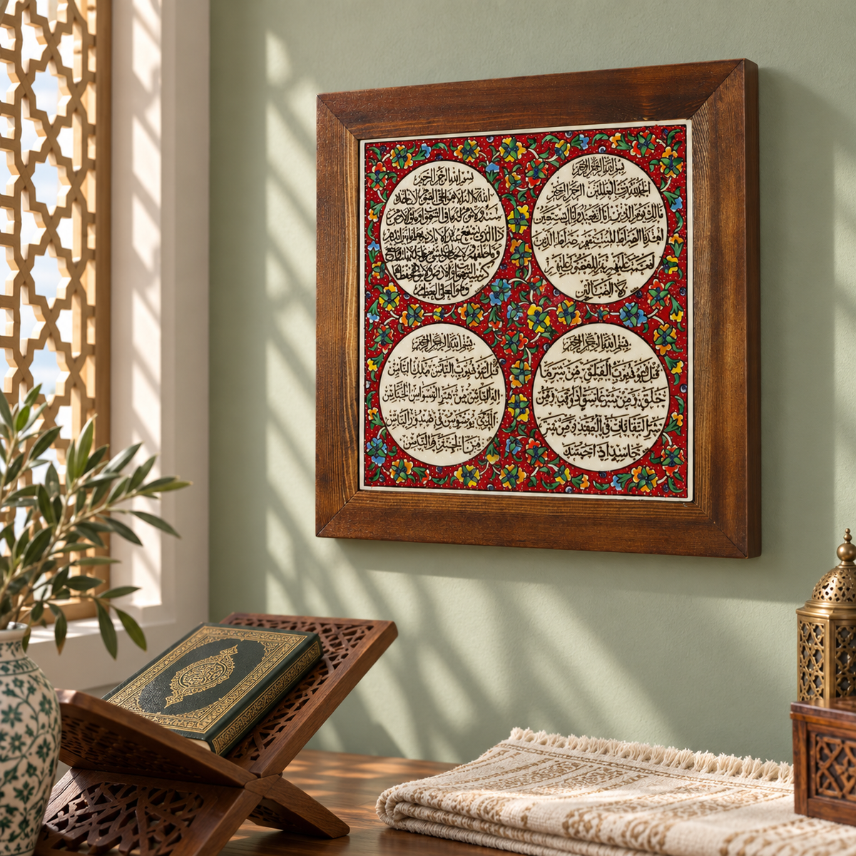Ayat al-Kursi & Surahs Framed Ceramic Tile Red Floral