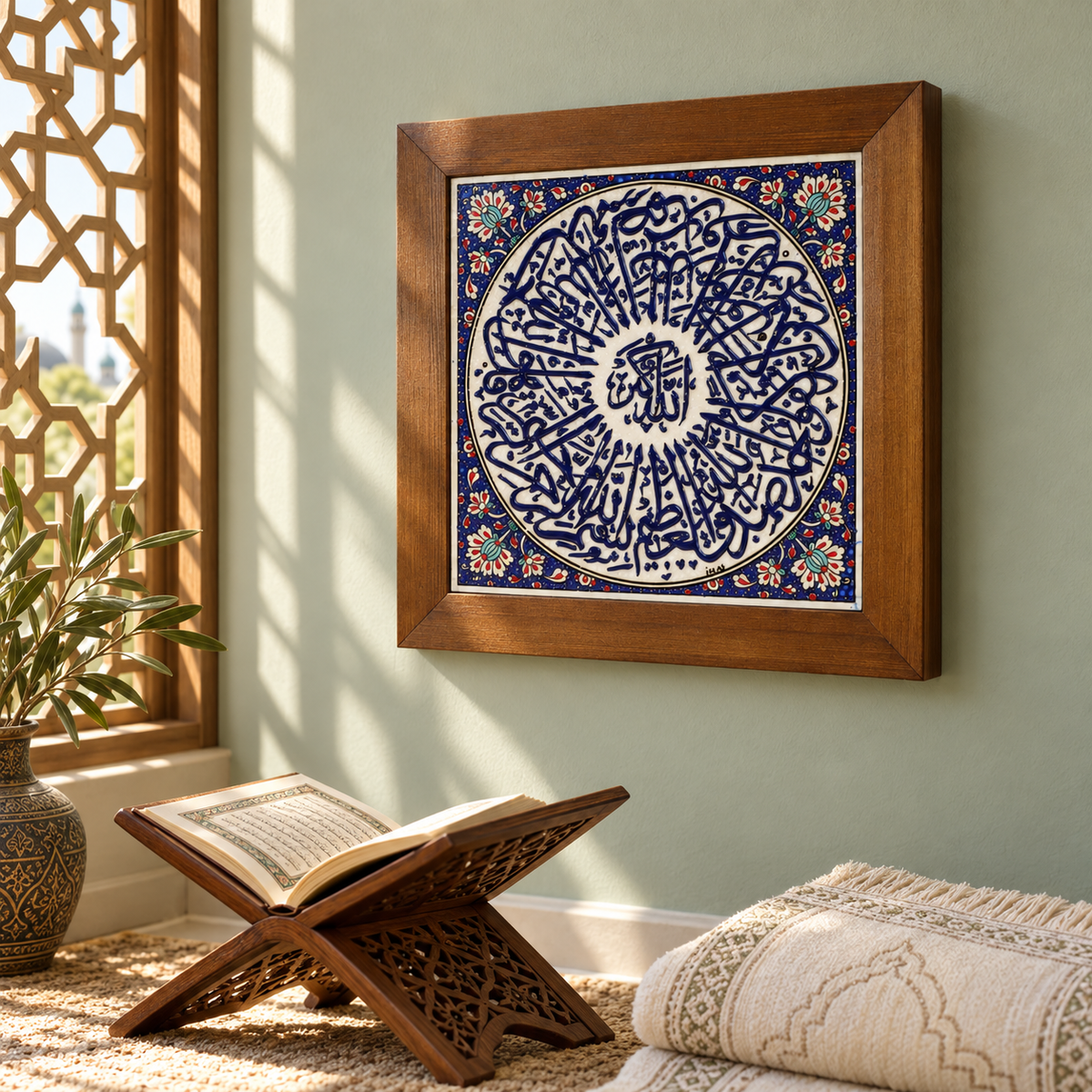 Arabic Calligraphy Framed Ceramic Tile Blue Floral