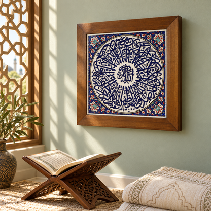 Arabic Calligraphy Framed Ceramic Tile Blue Floral