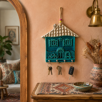 Anatolian-style turquoise ceramic house key holder on a terracotta boho entryway wall