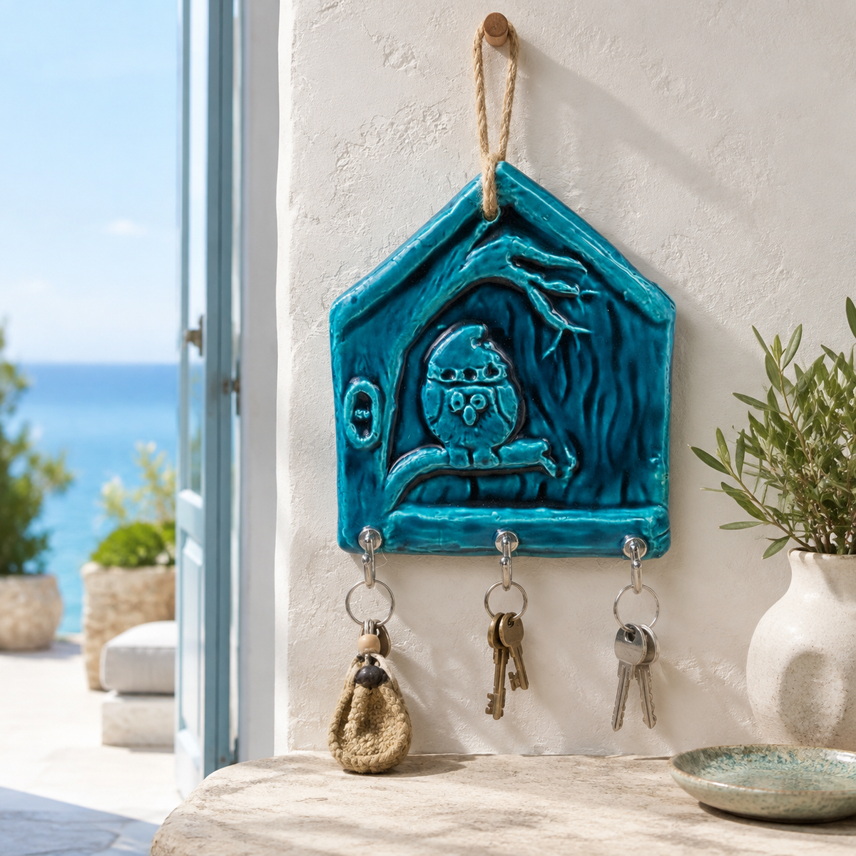 Handmade Ceramic House Key Holder for Wall, Turquoise Entryway Key Rack Housewarming Gift