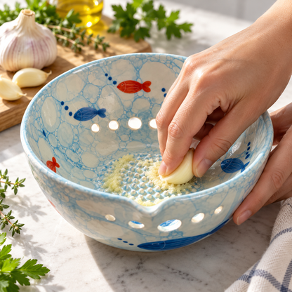Herb Stripper Bowl & Garlic Grater Ceramic Ginder Bowl for Herbs, Ginger & Parmesan Kitchen Essential