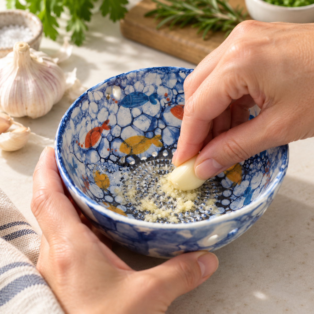 Herb Stripper Bowl & Garlic Grater Ceramic Ginder Bowl for Herbs, Ginger & Parmesan Kitchen Essential