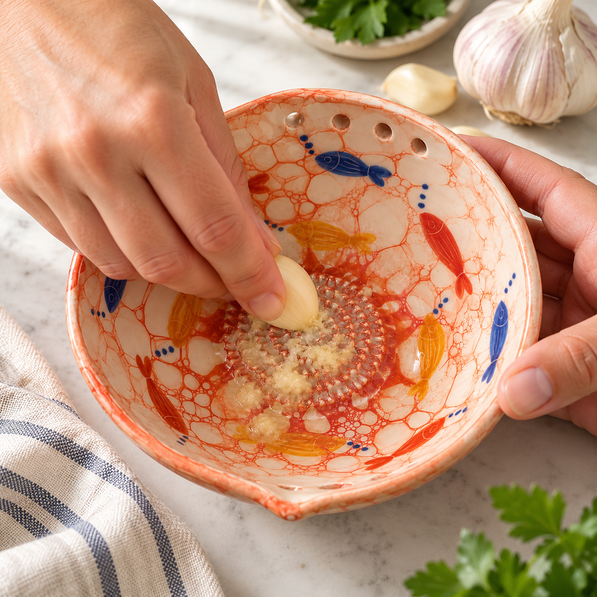 Herb Stripper Bowl & Garlic Grater Ceramic Ginder Bowl for Herbs, Ginger & Parmesan Kitchen Essential