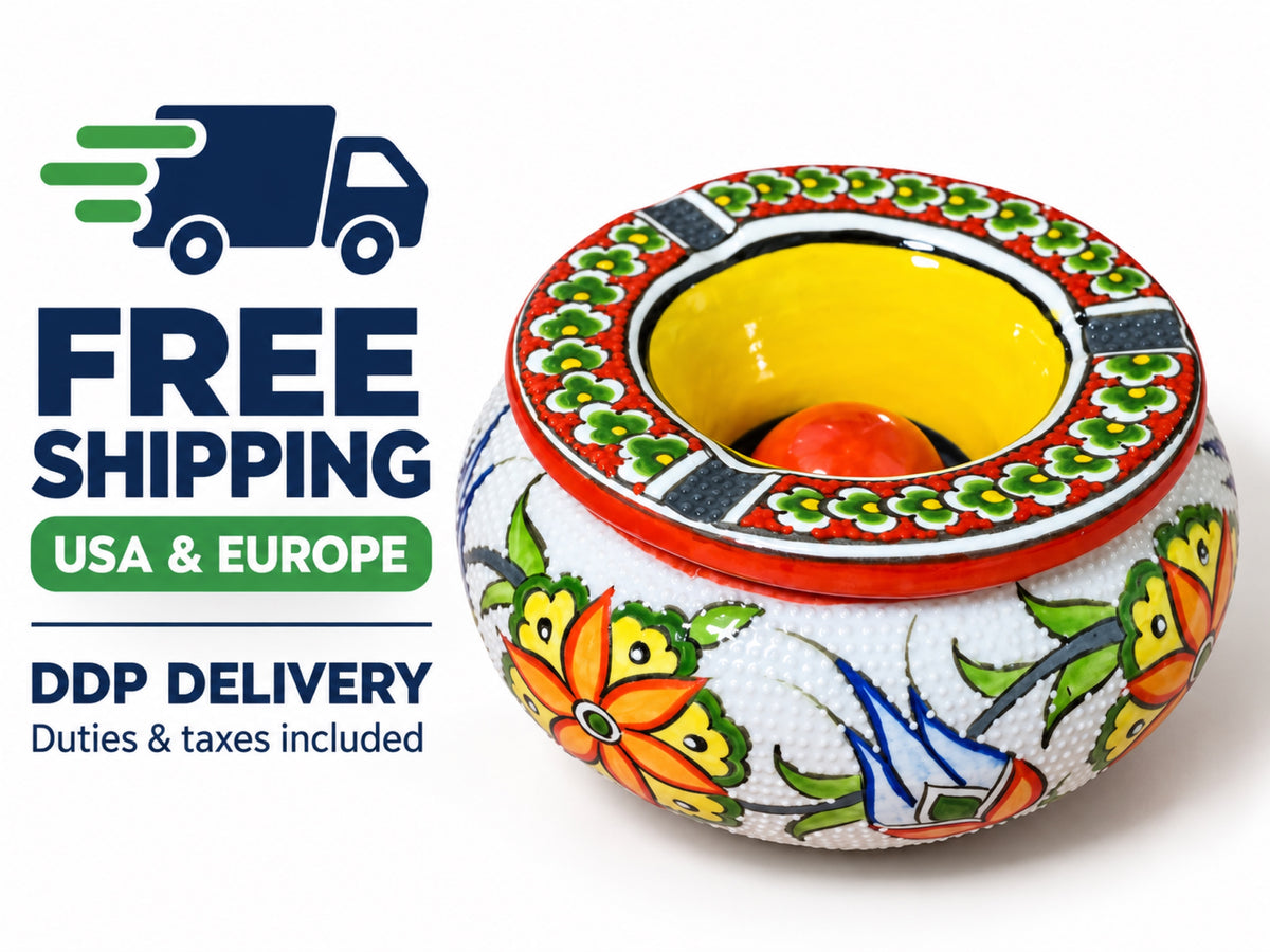 Handmade Ceramic Ashtray with Lid, 5 Inch Hand Painted Floral Outdoor Ashtray