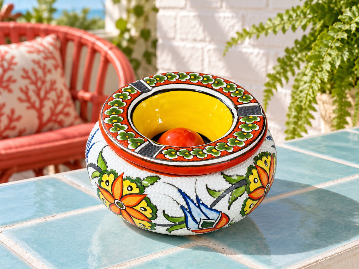 Handmade Ceramic Ashtray with Lid, 5 Inch Hand Painted Floral Outdoor Ashtray
