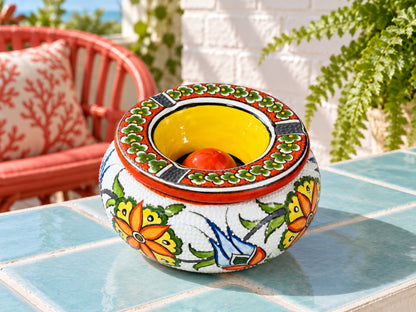 Handmade Ceramic Ashtray with Lid, 5 Inch Hand Painted Floral Outdoor Ashtray
