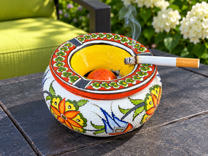 Handmade Ceramic Ashtray with Lid, 5 Inch Hand Painted Floral Outdoor Ashtray