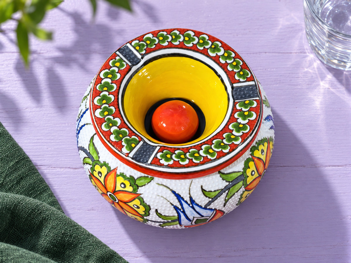 Handmade Ceramic Ashtray with Lid, 5 Inch Hand Painted Floral Outdoor Ashtray
