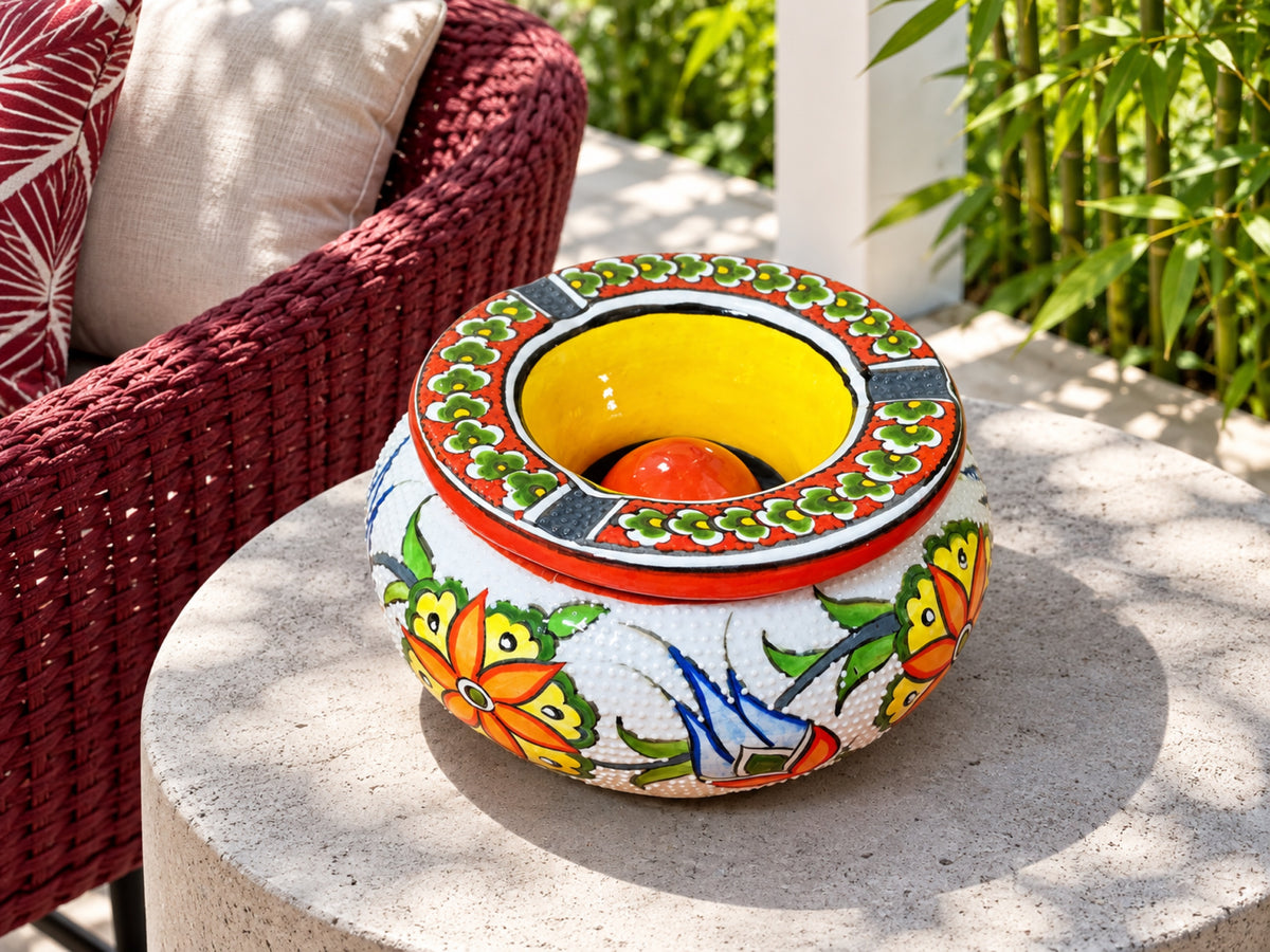 Handmade Ceramic Ashtray with Lid, 5 Inch Hand Painted Floral Outdoor Ashtray
