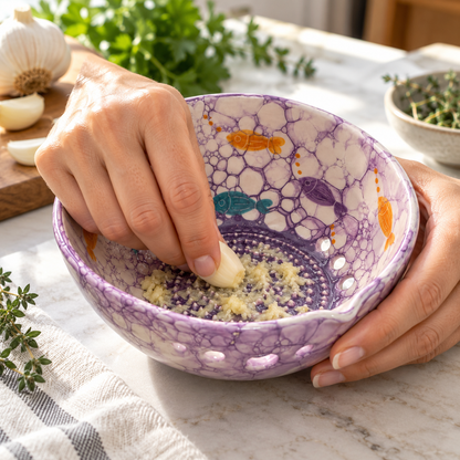 Herb Stripper Bowl & Garlic Grater Ceramic Ginder Bowl for Herbs, Ginger & Parmesan Kitchen Essential