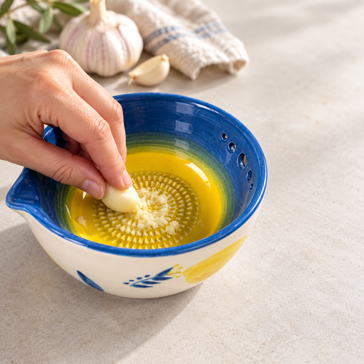 Lemon Herb Stripper Bowl & Garlic Grater Ceramic Ginder Bowl Ginger & Parmesan Kitchen Essential