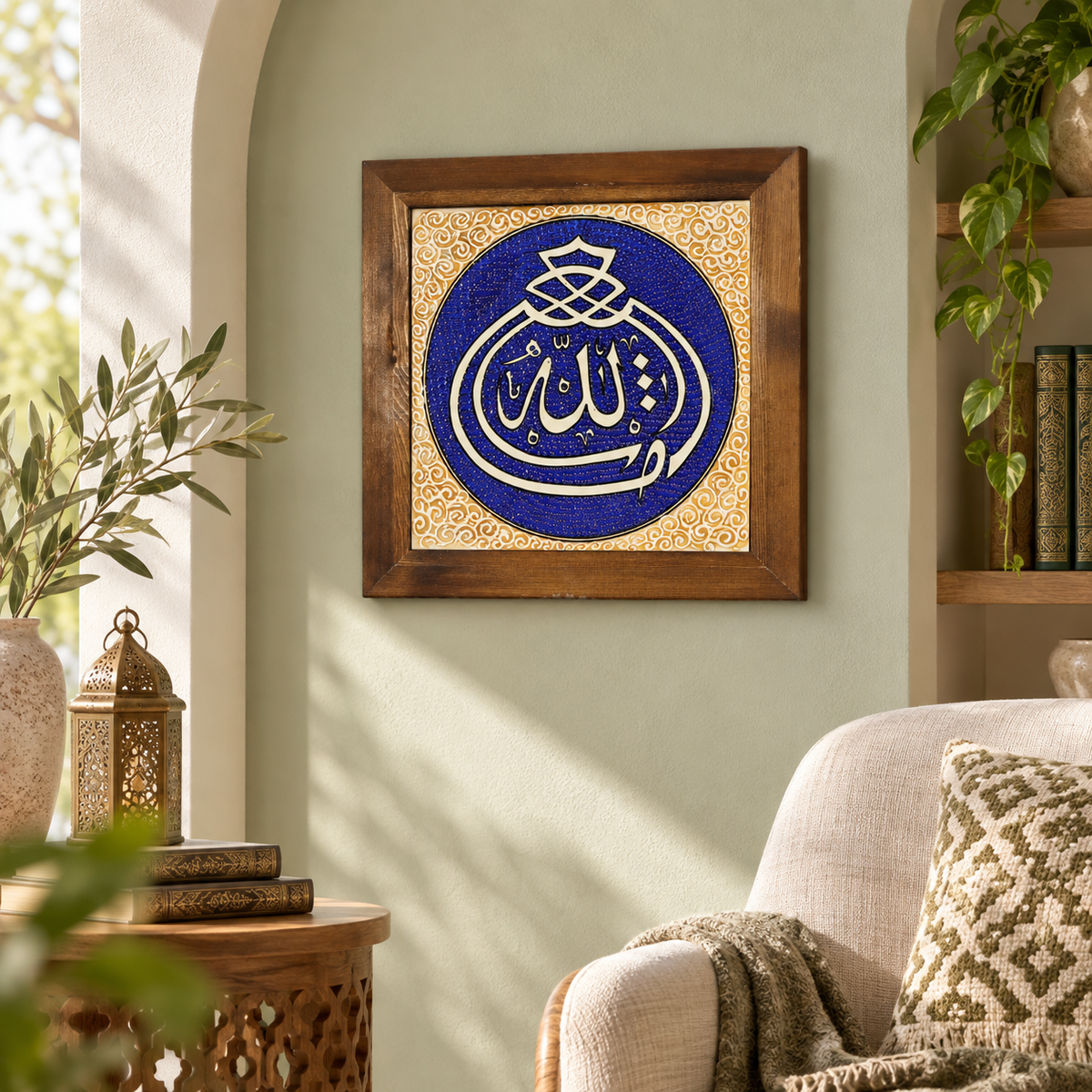 Allah Ceramic Tile Wall Art Cobalt & Gold Tone Border