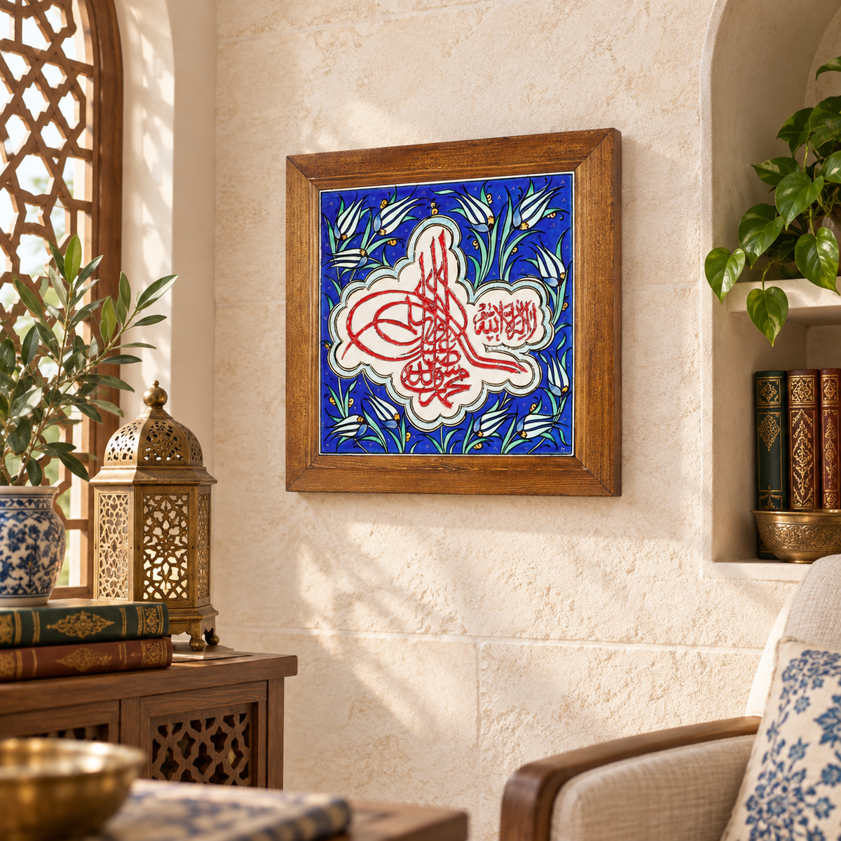 Kalima Tawhid Framed Ceramic Tile White Tulip Design
