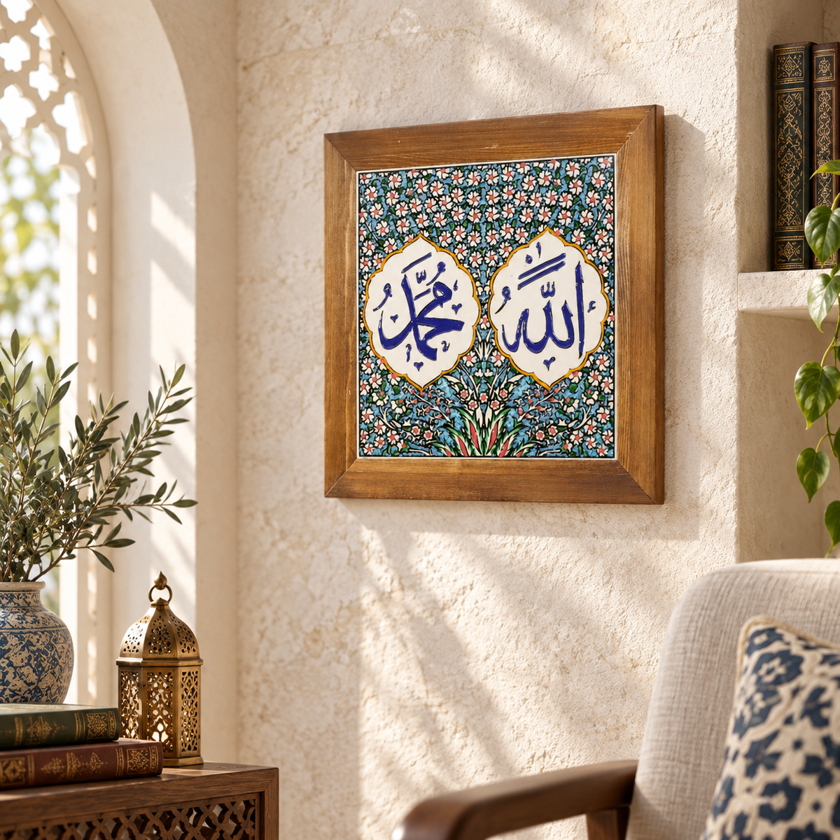 Allah & Muhammad Ceramic Wall Art Blue Floral