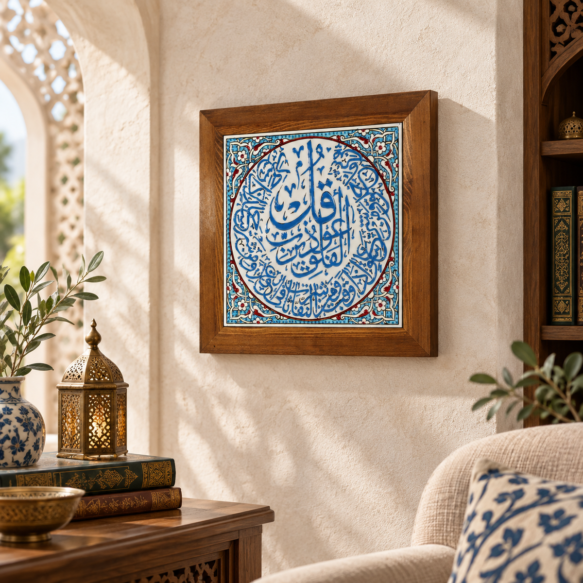 Surah Al-Falaq Framed Ceramic Tile Sky Blue Floral