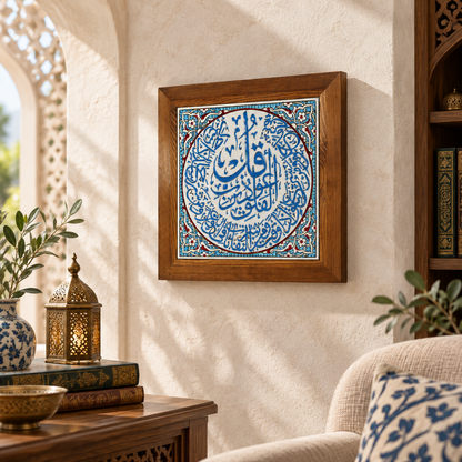 Surah Al-Falaq Framed Ceramic Tile Sky Blue Floral