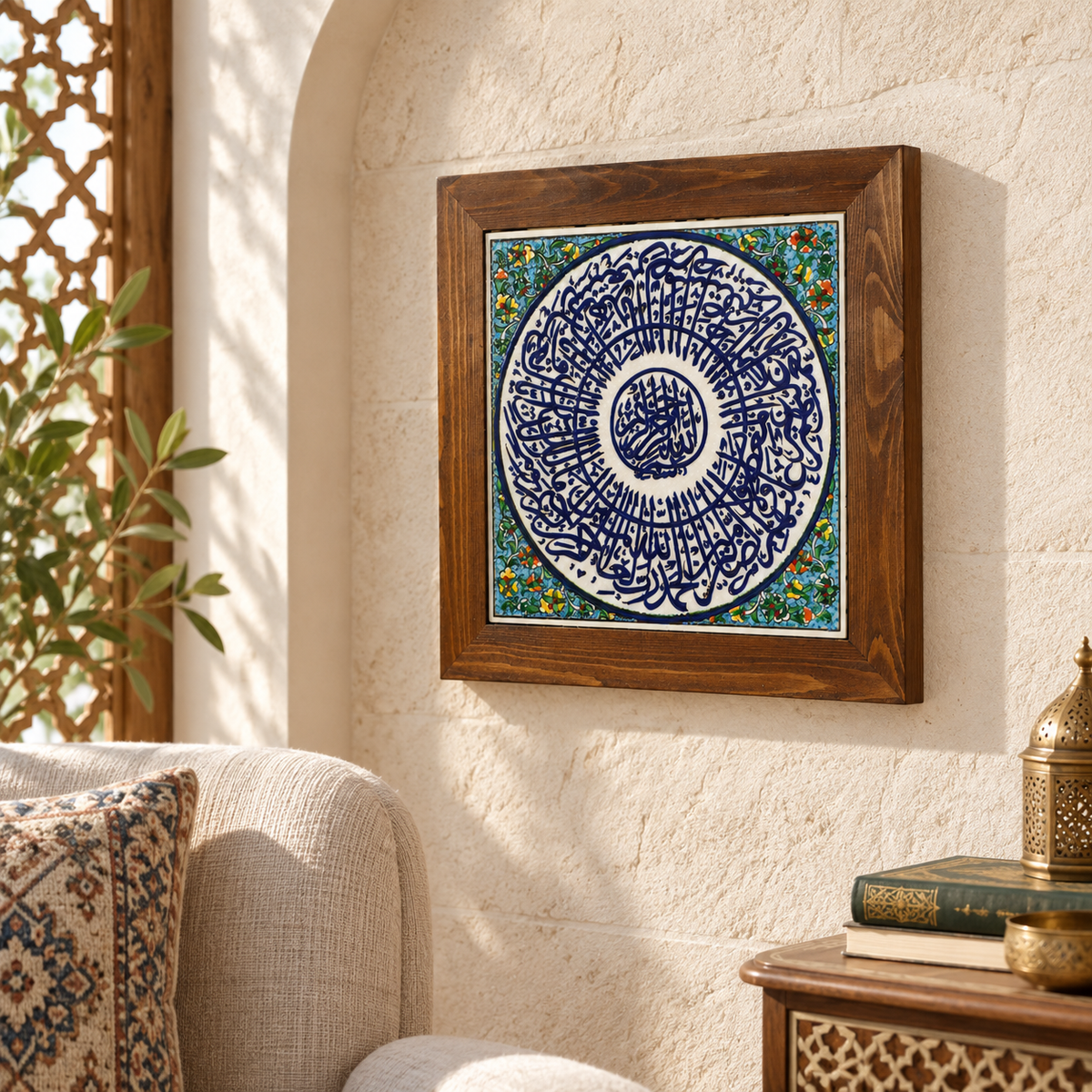 Surah Al-Fatiha Framed Ceramic Tile – Turquoise Floral