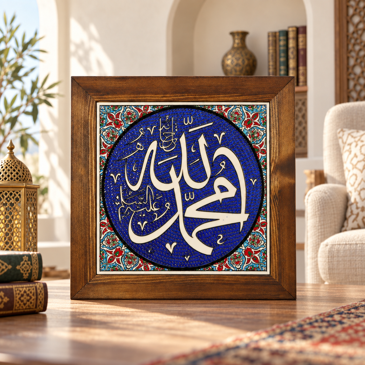 Muhammad Framed Ceramic Tile Cobalt Floral Design