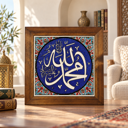 Muhammad Framed Ceramic Tile Cobalt Floral Design
