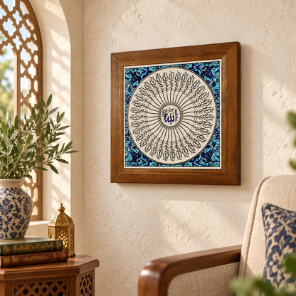 Allah Calligraphy Framed Ceramic Tile Turquoise Border