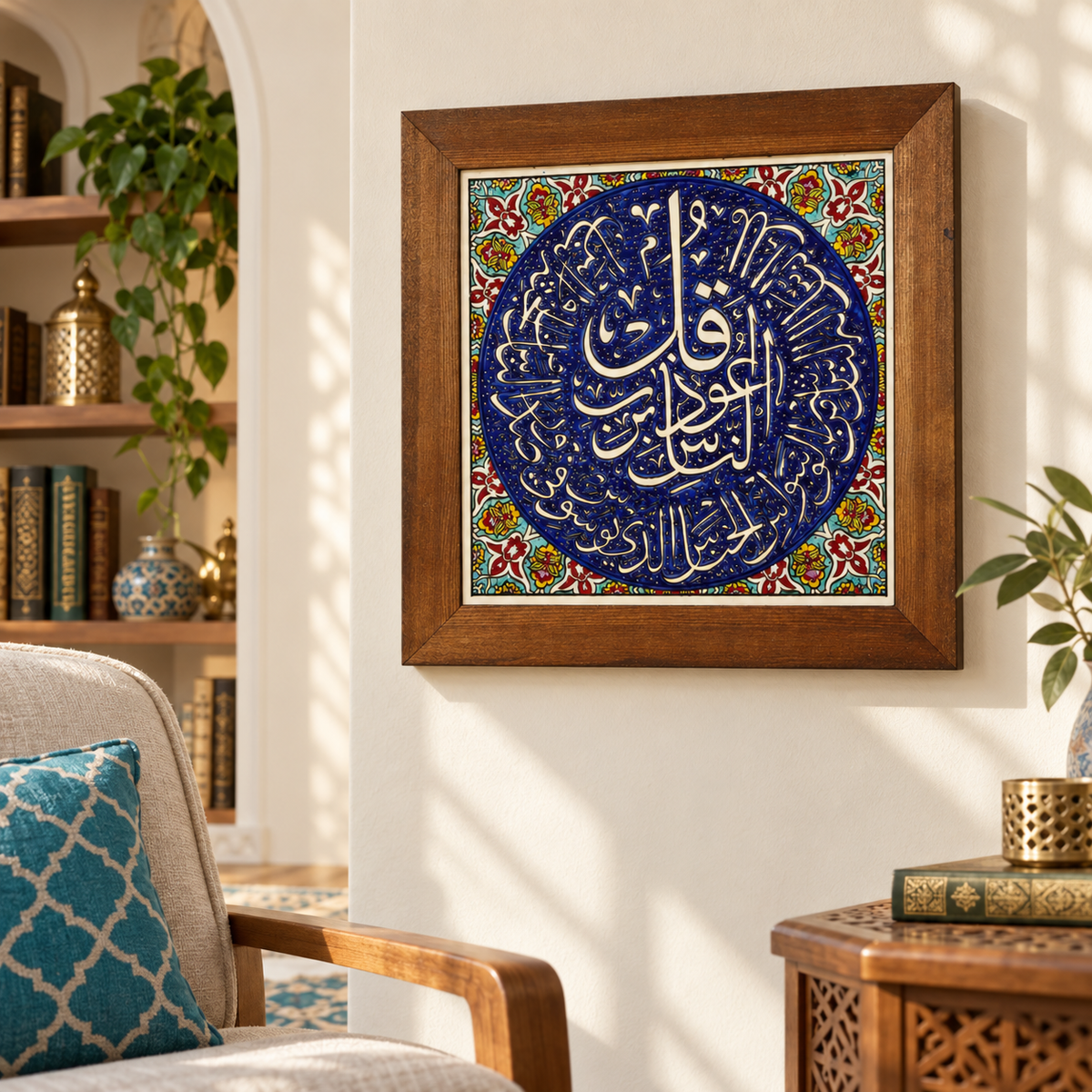 Surah An-Nas Framed Ceramic Tile Cobalt Medallion