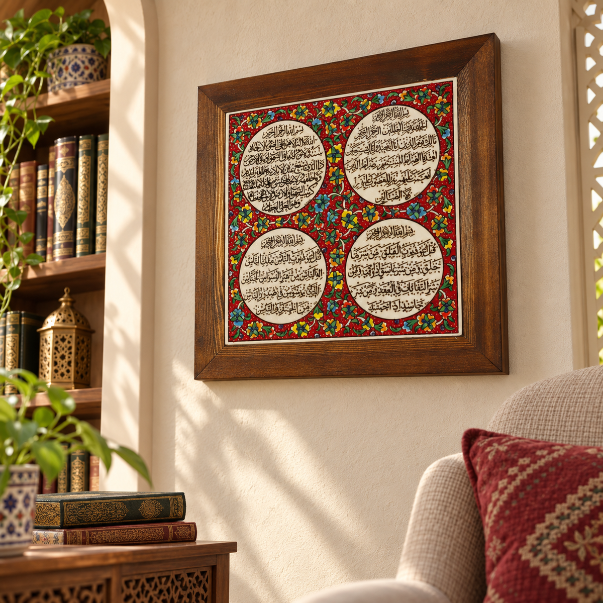 Ayat al-Kursi & Surahs Framed Ceramic Tile Red Floral