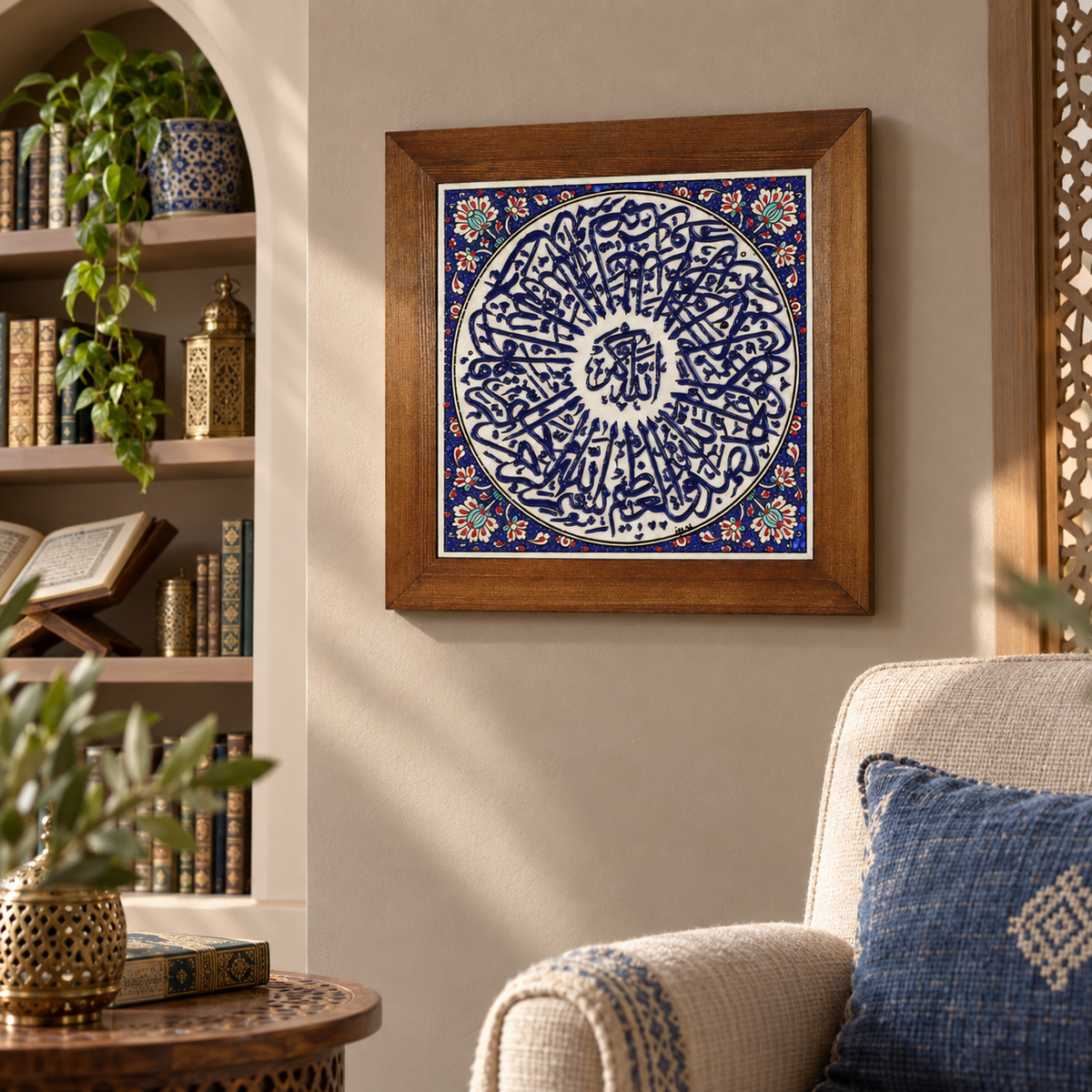 Arabic Calligraphy Framed Ceramic Tile Blue Floral