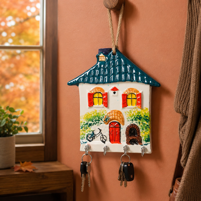 Teal roof colorful ceramic key rack hanging in an autumn entryway