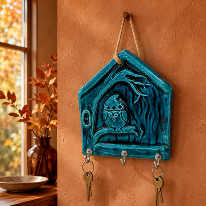 Handmade Ceramic House Key Holder for Wall, Turquoise Entryway Key Rack Housewarming Gift