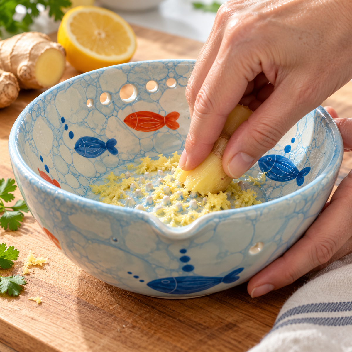 Herb Stripper Bowl & Garlic Grater Ceramic Ginder Bowl for Herbs, Ginger & Parmesan Kitchen Essential