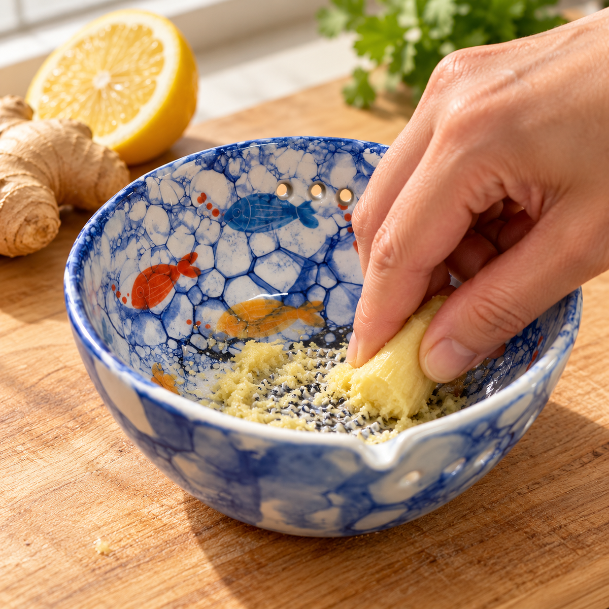 Herb Stripper Bowl & Garlic Grater Ceramic Ginder Bowl for Herbs, Ginger & Parmesan Kitchen Essential